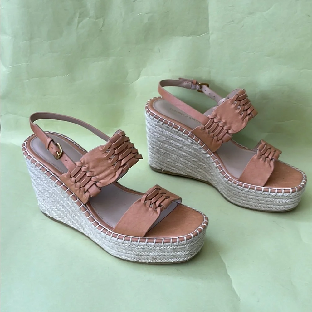 New Caramel Veronica Beard Espadrille Wedge Shoes with Leather Braided Trim